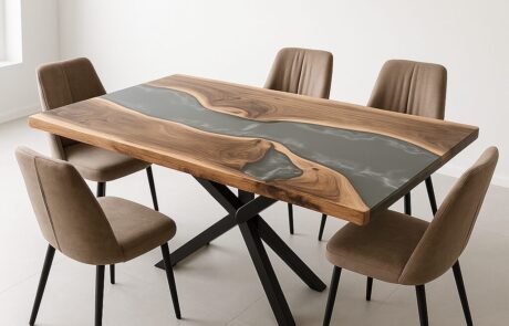 Rechteckiger Massivholztisch mit grauem Epoxidharz-River und sichtbarer Baumkante steht auf schwarzem X-Metallgestell in einem hellen Essbereich. Sechs beige-braune Stühle umgeben den Tisch und betonen die Kombination aus organischer Holzmaserung und modernem Metallfuß.