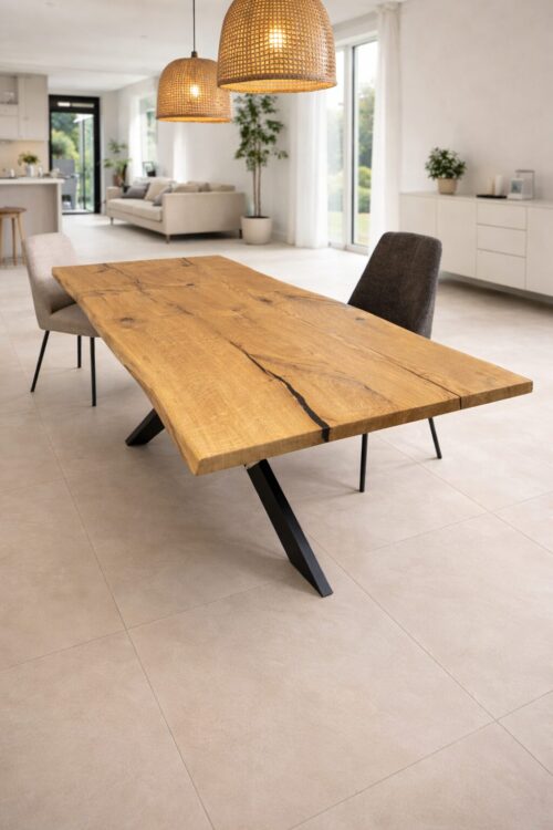 Aureo– Massiver Eichenholztisch mit Epoxidharzfüllung und natürlicher Baumkante