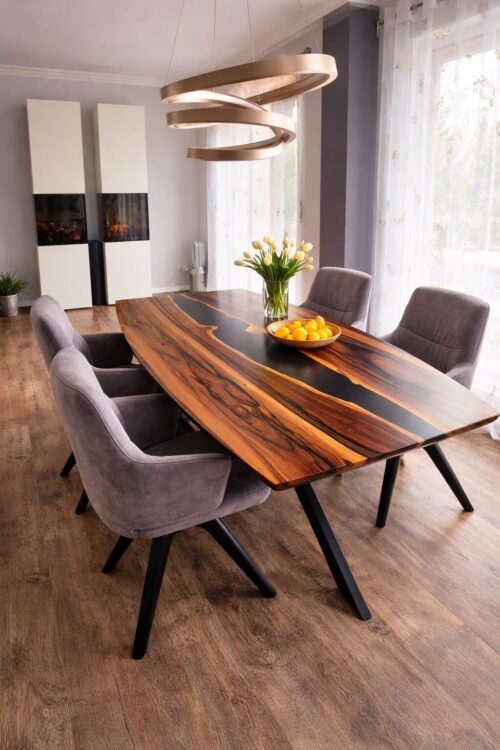 Noctis River – Moderner Epoxidharz Tisch mit markanter Flussoptik und Bootsform