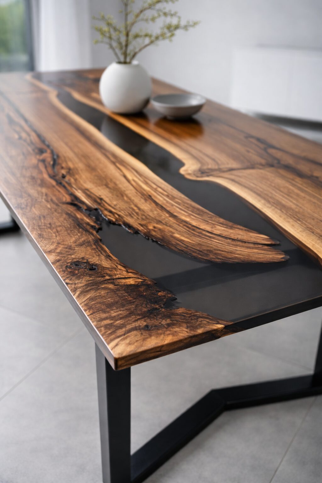Massivholztisch Nussbaum „Noir Flow“ – Epoxidharz River Table mit Schweizer Kante nach Maß – Bild 3
