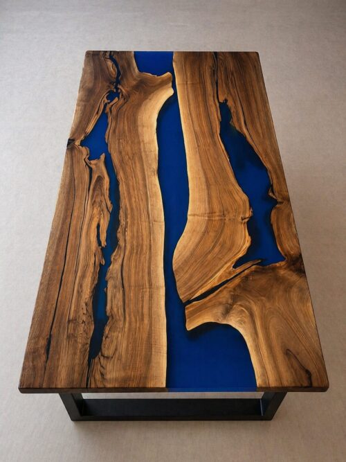 Azurion – Epoxidharz Tisch mit blauem River-Design aus Nussholz